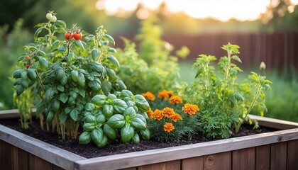 Raised garden bed showcasing companion planting with tomatoes, basil, and marigolds growing side by side. Promotes natural pest control and healthy, organic vegetable gardening
