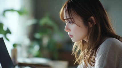 ノートパソコンで作業をする日本人女性