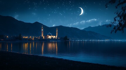 Mosque at night by the water