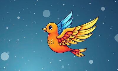 Fototapeta premium Cute Cartoon Bird Flying, Orange & Blue Wings - Whimsical illustrat.