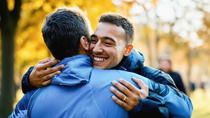 Portrait of enthusiastic male runner friends water hugging at charity run finish line in park.