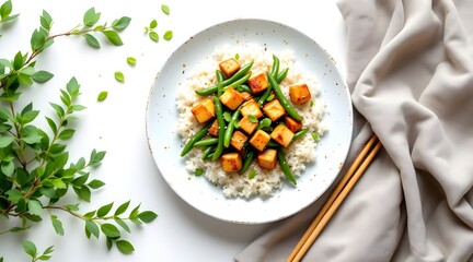 Delicious Pan-Fried Tofu with Green Beans and Rice
