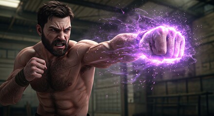 Energetic man throwing a glowing punch illustration digital artwork