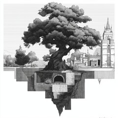 Surreal line art of a tree growing upside-down,generative ai illustration