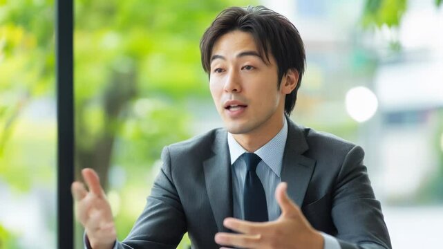 プレゼンやスピーチで聴衆に向かって話す日本人男性（講演・会社員・講師・起業・教育）