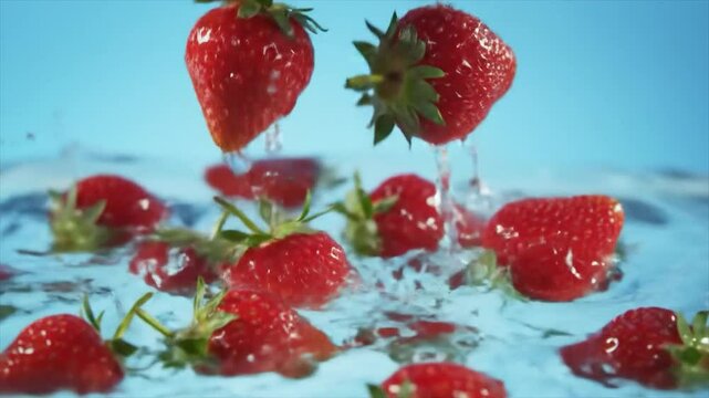 水に飛び込むフレッシュないちごのスローモーション
