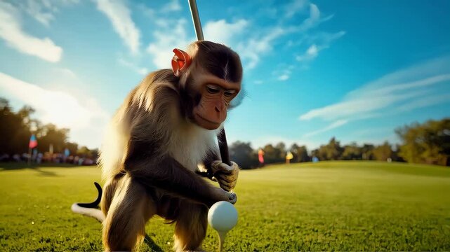 Monkey plays golf in sunny park during afternoon with audience watching
