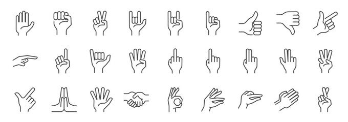 Hand gestures line icon set. Included icons as fingers interaction, pinky swear, forefinger point, greeting, pinch, hand washing and more