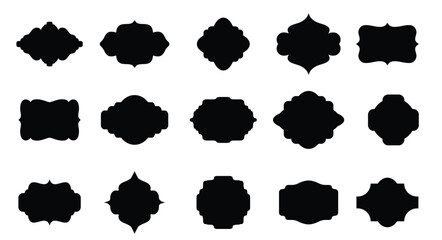 Large set of vector black silhouette frames or cartouches for badges in ornate classical curved and rounded symmetrical designs and shapes.