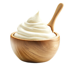 Sour cream mayonnaise yogurt in wooden bowl with spoon isolated on white background creamy sauce greek yogurt healthy breakfast food concept high key photo