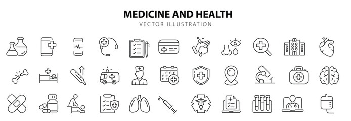 Medicine and health set of web icons in line style. Medical icons for web and mobile app. Medicine and Health Care symbols. Emergency, medical equipment, RX, MRI, doctor, lab, virus, prescription