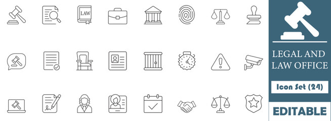 This legal and law office icon set features 24 modern icons representing lawyers, courts, justice, contracts, and legal services, ideal for web design, branding, and legal professionals.