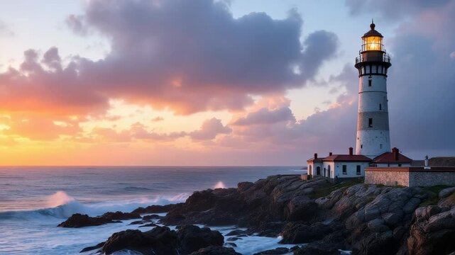 Coastal lighthouse at sunset against a dramatic sky  