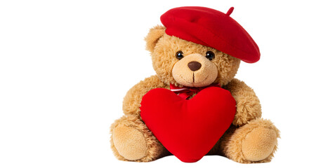 Adorable Teddy Bear with Red Heart and Beret: Valentine's Day Gift, Plush Toy transparent background