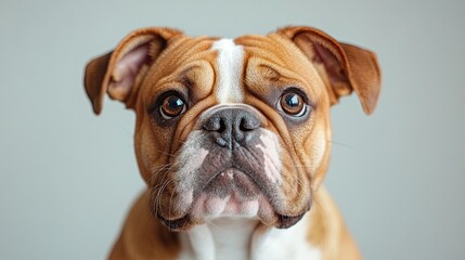 Close-up portrait of dog with focused expression, showcasing features and fur texture on neutral white background. 