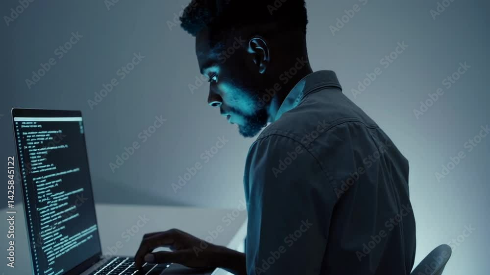 Poster Professional programmers collaborating while typing on laptop keyboard, developing software application in dimly lit corporate office during night work hours