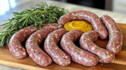 A close-up of sausages on a wooden serving board, with mustard and fresh herbs arranged around them, illuminated by soft kitchen lighting