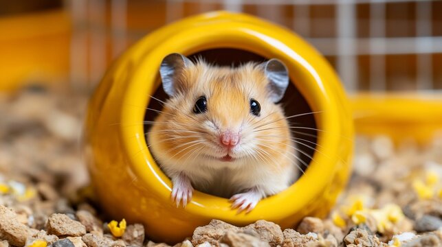 Golden hamster peeking from yellow ceramic hide in cage with scattered food