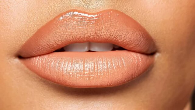 Close up of glossy nude lips slightly open, revealing perfectly white teeth, showcasing a cosmetic enhancement procedure for lip augmentation and dental aesthetics