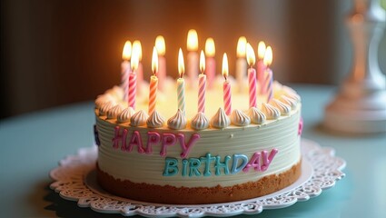 Colorful multi layered cake with candles