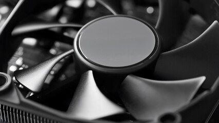 Monochromatic image capturing the elegant curves and sharp edges of computer fan blades as they radiate from the central hub, emphasizing form and shadow.