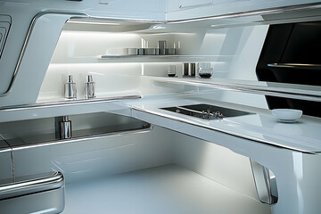 Futuristic, minimalist kitchen interior design concept.
