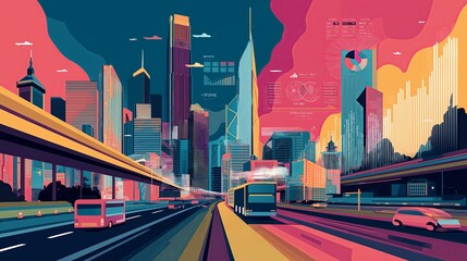 High-speed city with corporate icons and business analytics