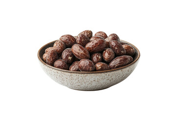 Obraz premium Rustic ceramic bowl of dried dates, glossy brown palm fruit snack, natural ingredient for cooking and healthy eating isolated on Transparent Background