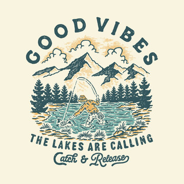 lake illustration fishing graphic forest design adventure badge mountain vintage outdoor