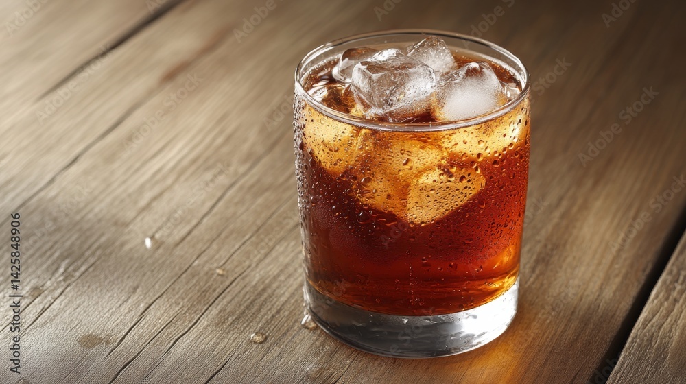 Poster a cold, chilled glass of beer with ice cubes, placed on a wooden table with droplets of condensation