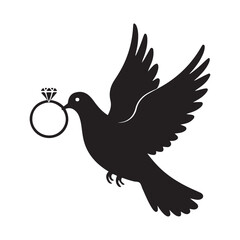 Wedding Dove With Ring Vector Black silhouettes. with white background