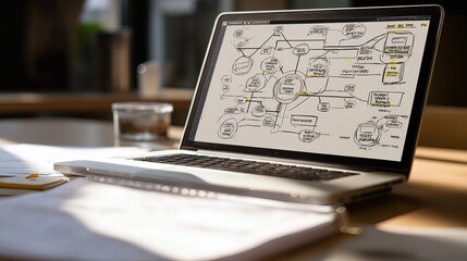 Laptop with business strategy mindmap on screen