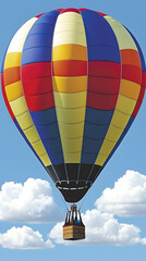 Colorful hot air balloon ascending above fluffy clouds, perfect for travel brochures