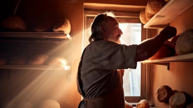 Elderly baker organizing bread on shelves in warm sunlight  