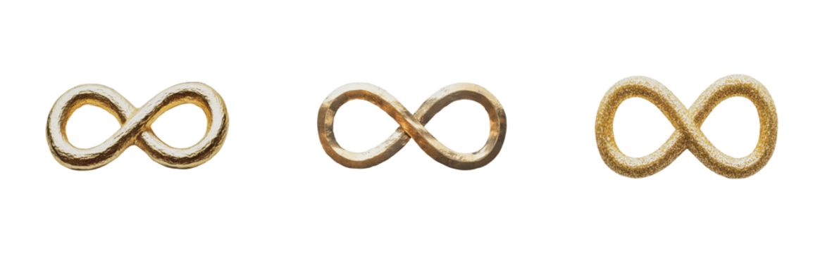 Three gold infinity symbols on display, cut out - stock png.
