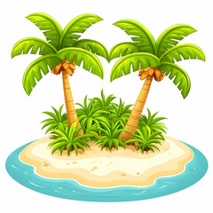 Obraz premium Tropical island paradise with two palm trees, lush vegetation, and turquoise water; ideal for travel brochures