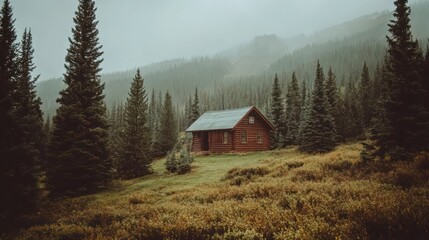 Secluded Cabin in Misty Mountain Forest