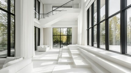 Obraz premium A contemporary staircase with white steps, a metal railing, and minimalist decor, illuminated by natural light filtering through large windows