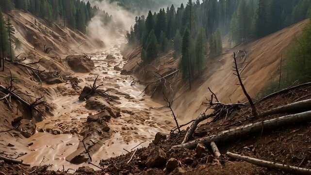 Massive mudslide flowing down forested mountain valley with fallen trees and debris under heavy erosion and destruction from recent landslide

