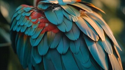 Macaw's iridescent plumage, sunlit, close-up, outdoors