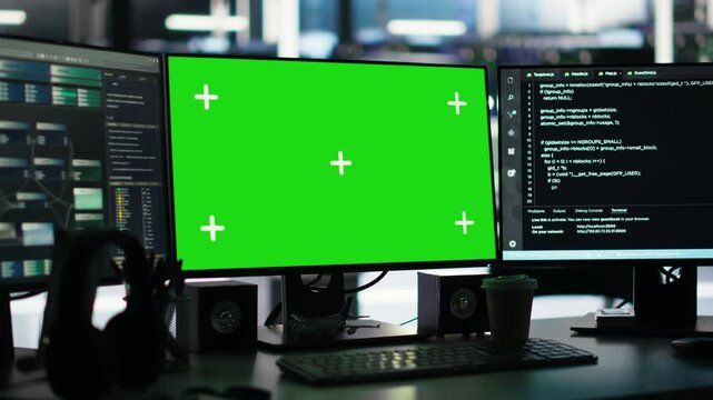 Chroma key displays in server farm displaying node tree programming tool detecting gear malfunctions. Visual programming software on isolated screen mockup computer tracking data center performance