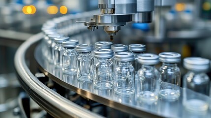 Medical vials on production line at pharmaceutical factory, Pharmaceutical machine working pharmaceutical glass bottles production line, health care, pandemic