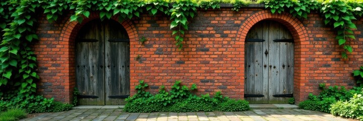 Weathered brick wall with overgrown vines and a wooden door, foliage, vintage