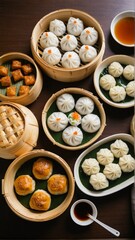 Fototapeta premium A Delicious Spread: Assortment of Steamed Asian Dumplings and Savory Treats Served in Bamboo Baskets and Elegant Dishes.