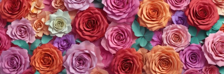 Multi-sized paper roses, colorful gradient backdrop,  floral,  romantic