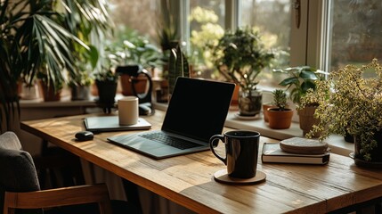 Fototapeta premium Remote work setup on a desk with laptop, coffee mug, and plants
