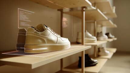 Empty shoe shelf in a store where only one pair of virtual shoes appears via floating interface shown mid-rotation in 3D. 