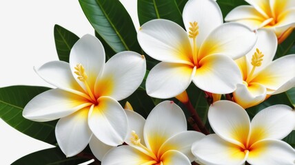 Frangipani flowers arranged on a white background, creating a soft and delicate floral composition.