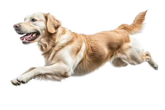 Golden retriever in mid leap