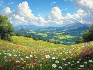 Rolling hills with wildflowers under a blue sky with fluffy white clouds.